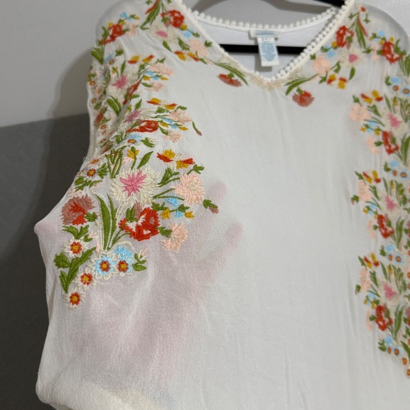 Sundance Women Silk Front Floral Embroidered V-Neck Top Ivory Size L Boho Mixed - Picture 2 of 13